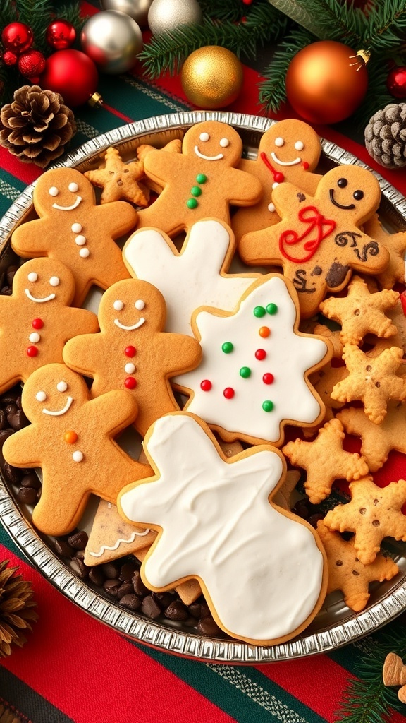 A colorful assortment of Christmas cookies on a festive platter with holiday decorations.